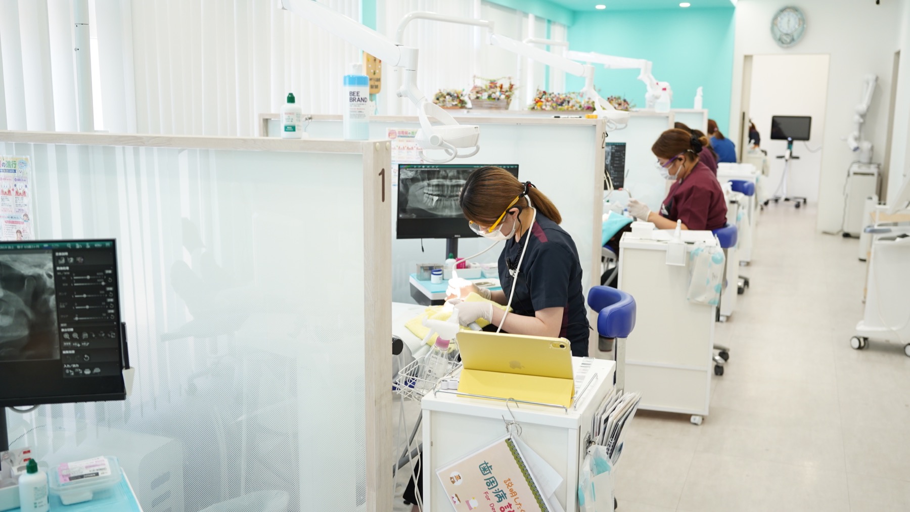 明るい診療室で働く歯科衛生士